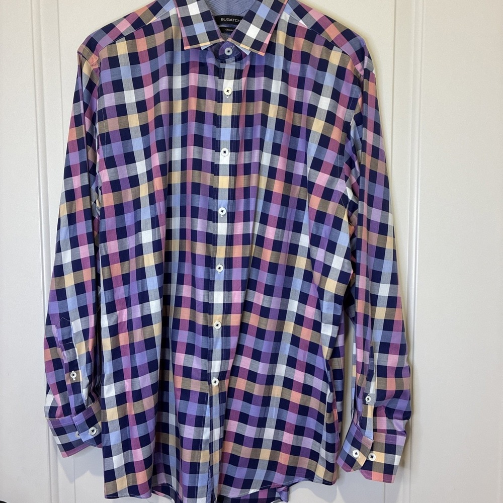 Bugatchi Mens Classic Fit Long Sleeve Button Down Shirt Multicolor Check Cotton